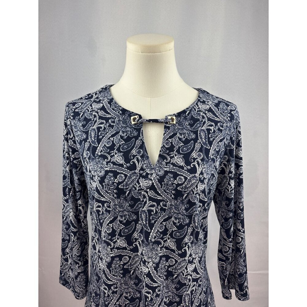 Magnolia Grace Womens Small Blue Paisley Polyester/Spandex Top With Keyhole Deta